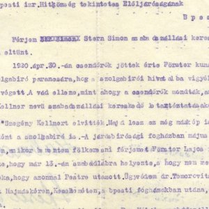 Részlet Stern Simonné leveléből a Pesti Izr. Hitközség elöljáróságának- 1920. június (Forrás: MZSL )
